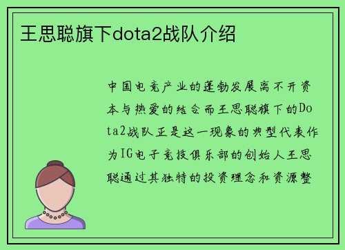 王思聪旗下dota2战队介绍