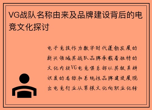 VG战队名称由来及品牌建设背后的电竞文化探讨